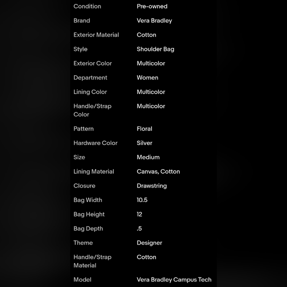 Vera Bradley Campus Tech Brown W/ Floral Design Cotton Tote - retired. - Picture 6 of 6